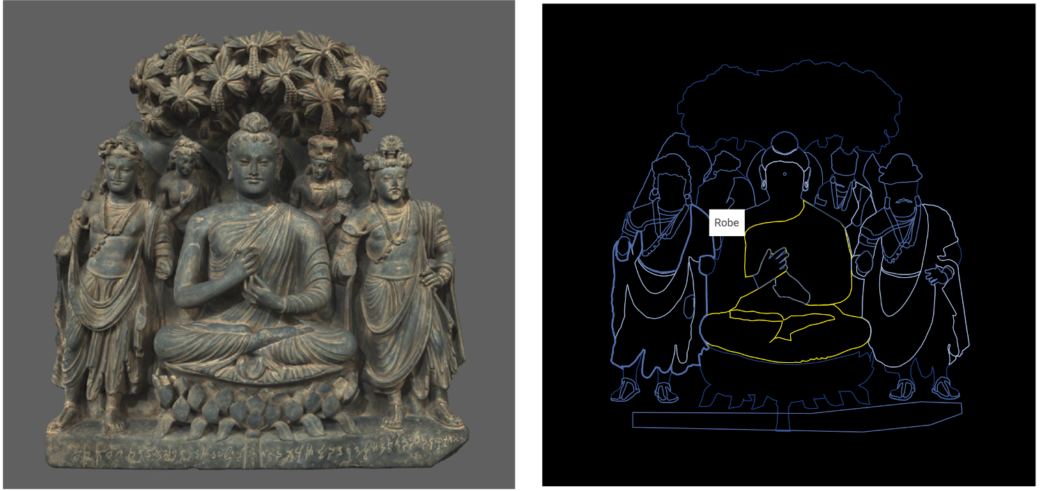 A statue of buddha, and a digital image of the same sculpture with the robe labelled.