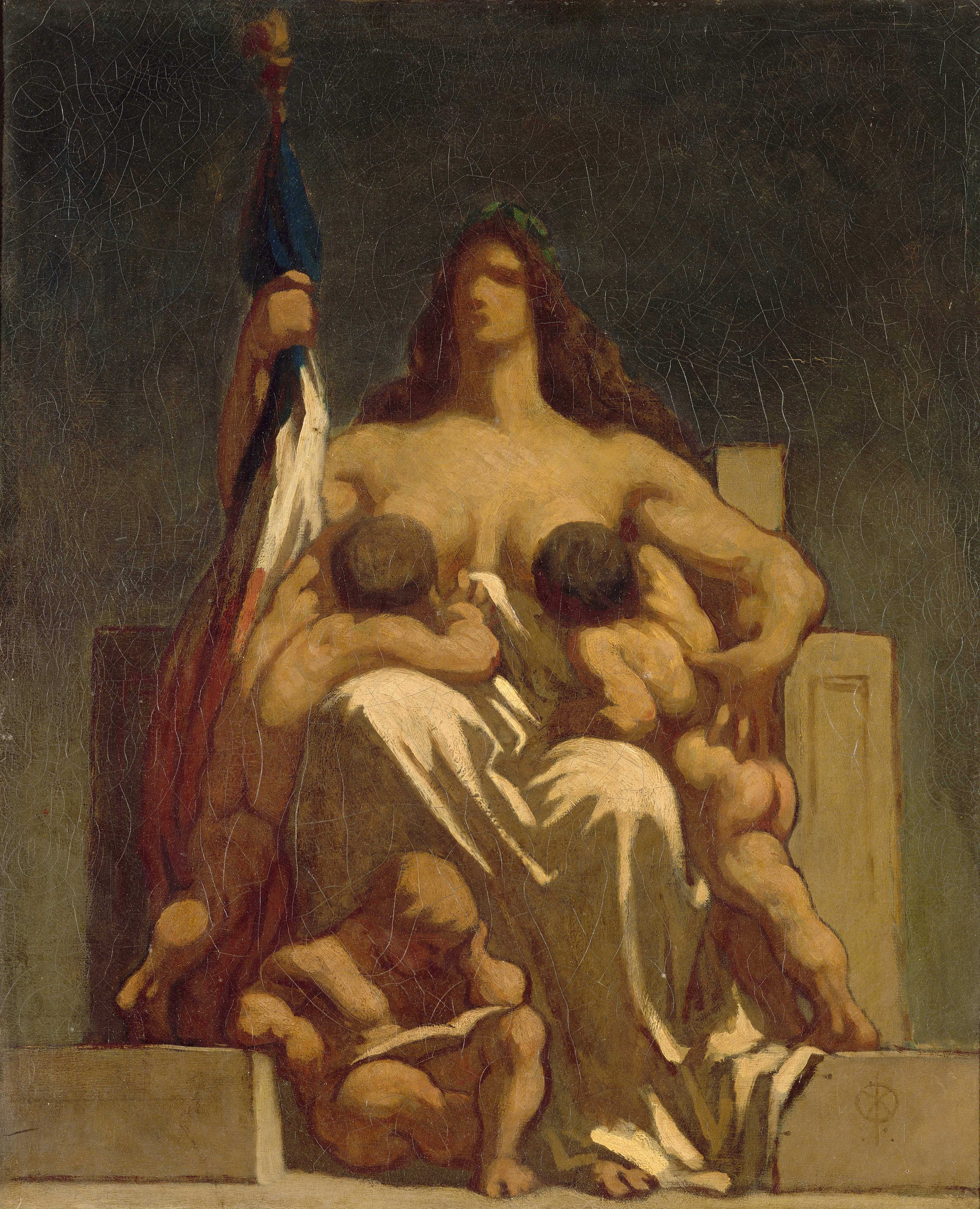 A painting showing a woman embodying the Republic of France, with two children suckling at her breasts
