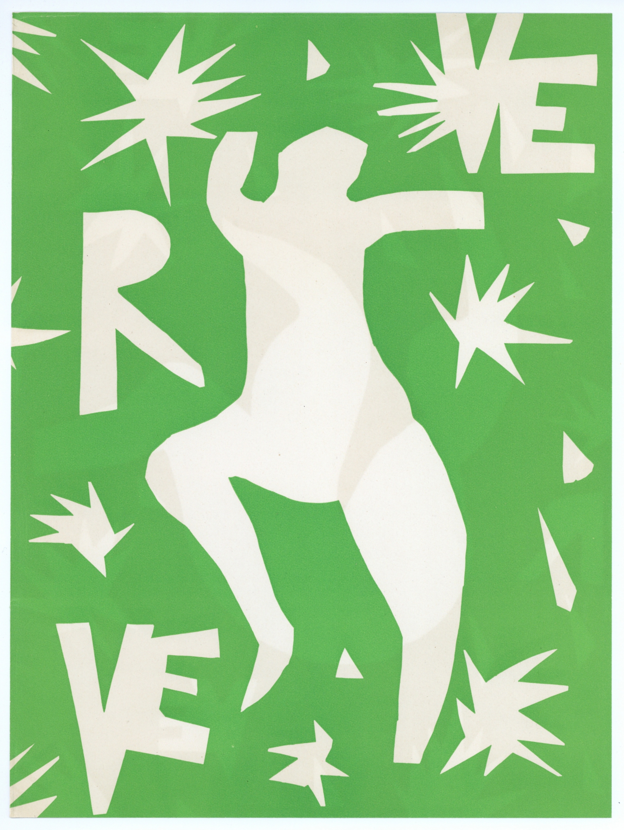 A cover of VERVE magazine, which comprises cut-outs of a figure dancing, surrounded by stars and the letters of the magazine title, against a bright green background.