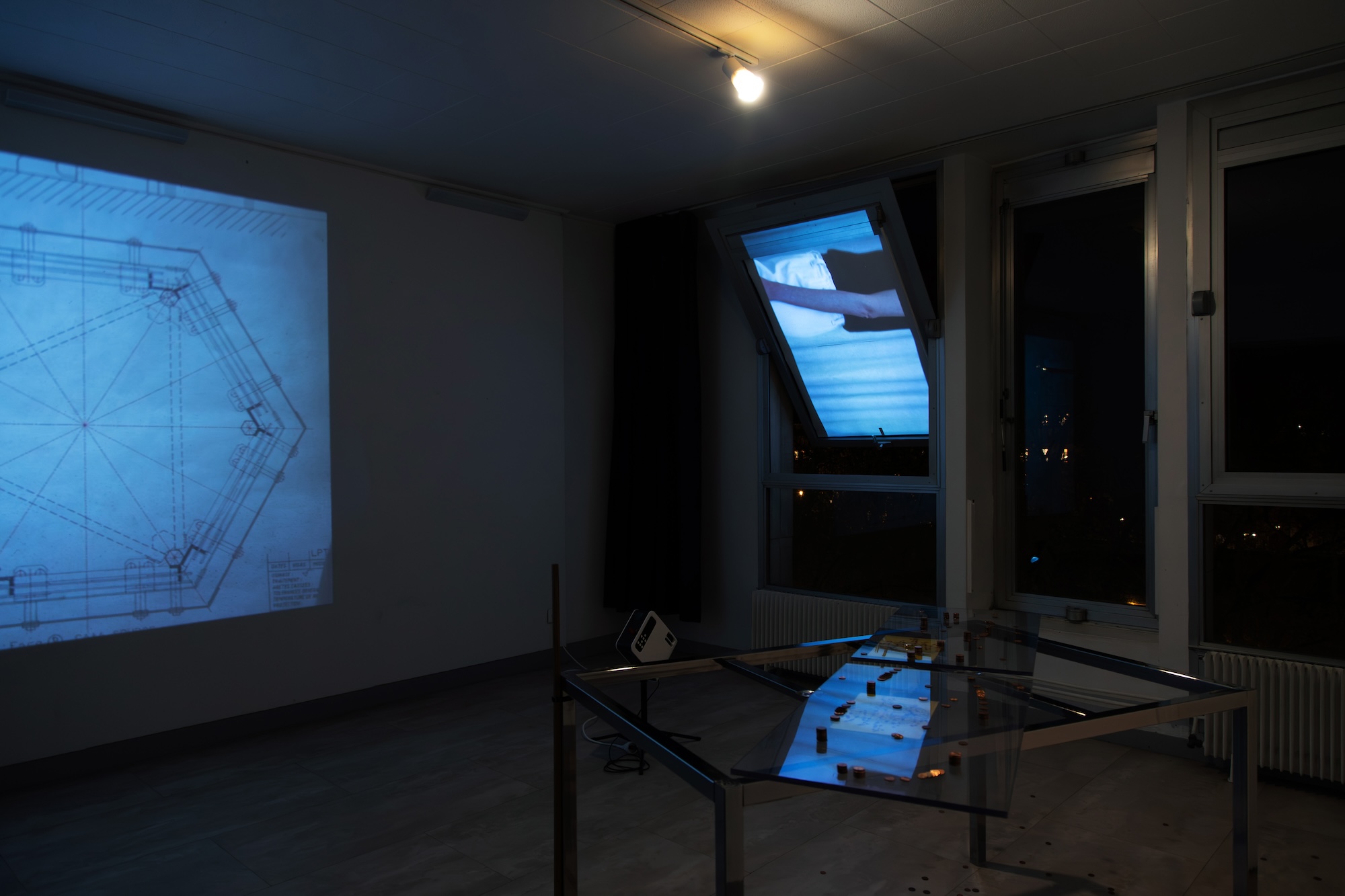 A photograph of a studio showing film works.