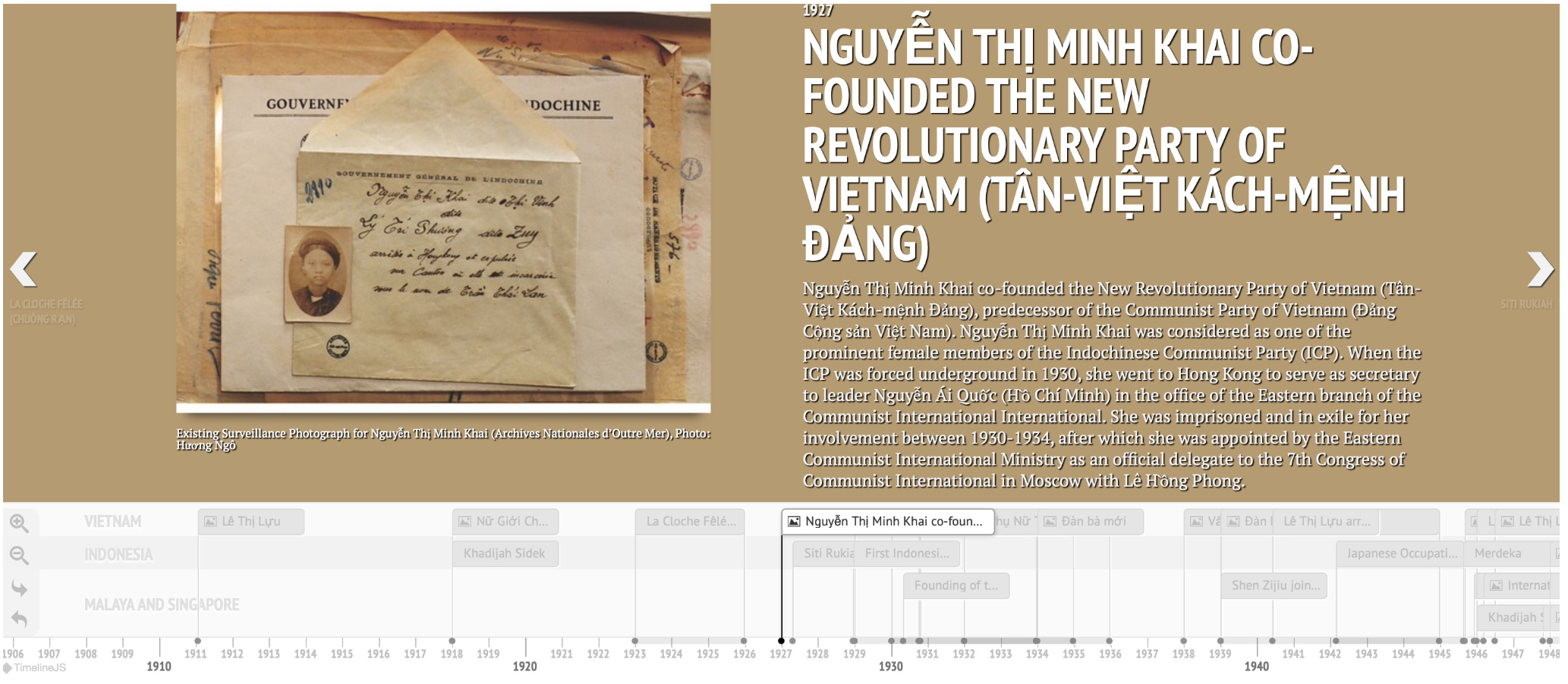 Screenshot of the Women in'Exile' timeline